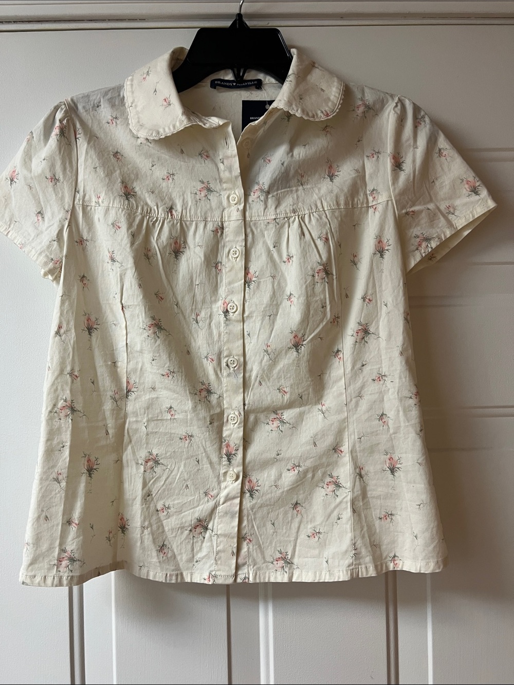 Brandy Melville Cream Short-Sleeve Button Front Blouse with Pink Floral Print